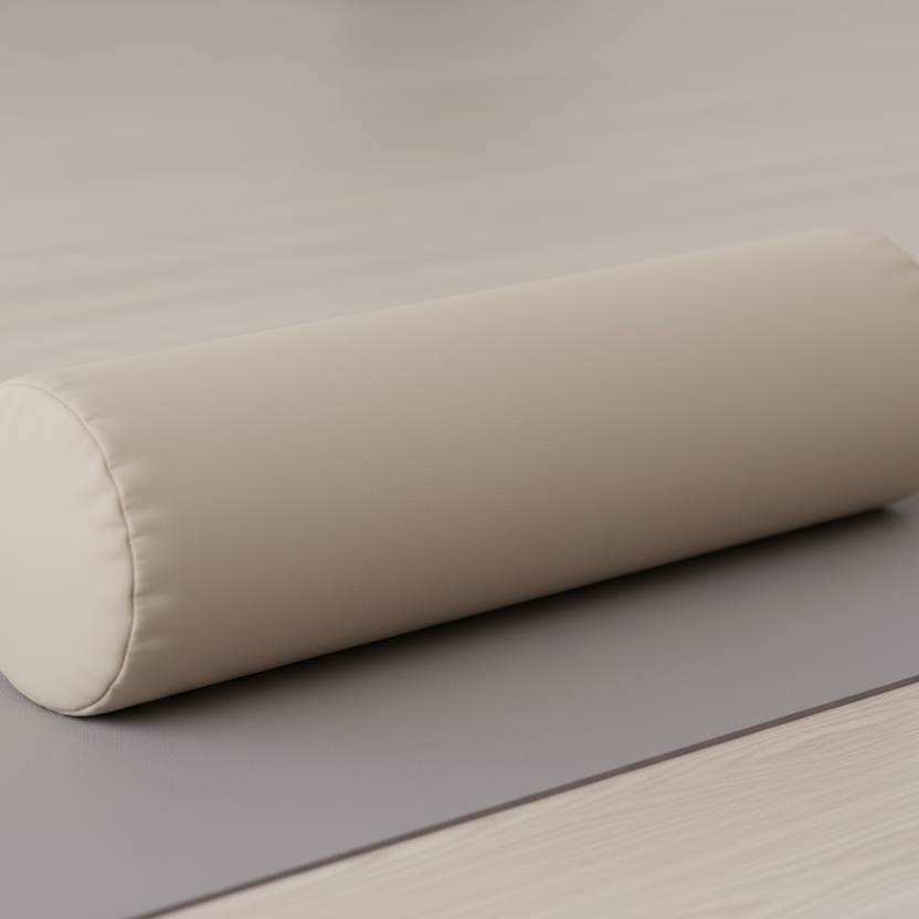 beige standard bolster without any logo on a yoga mat