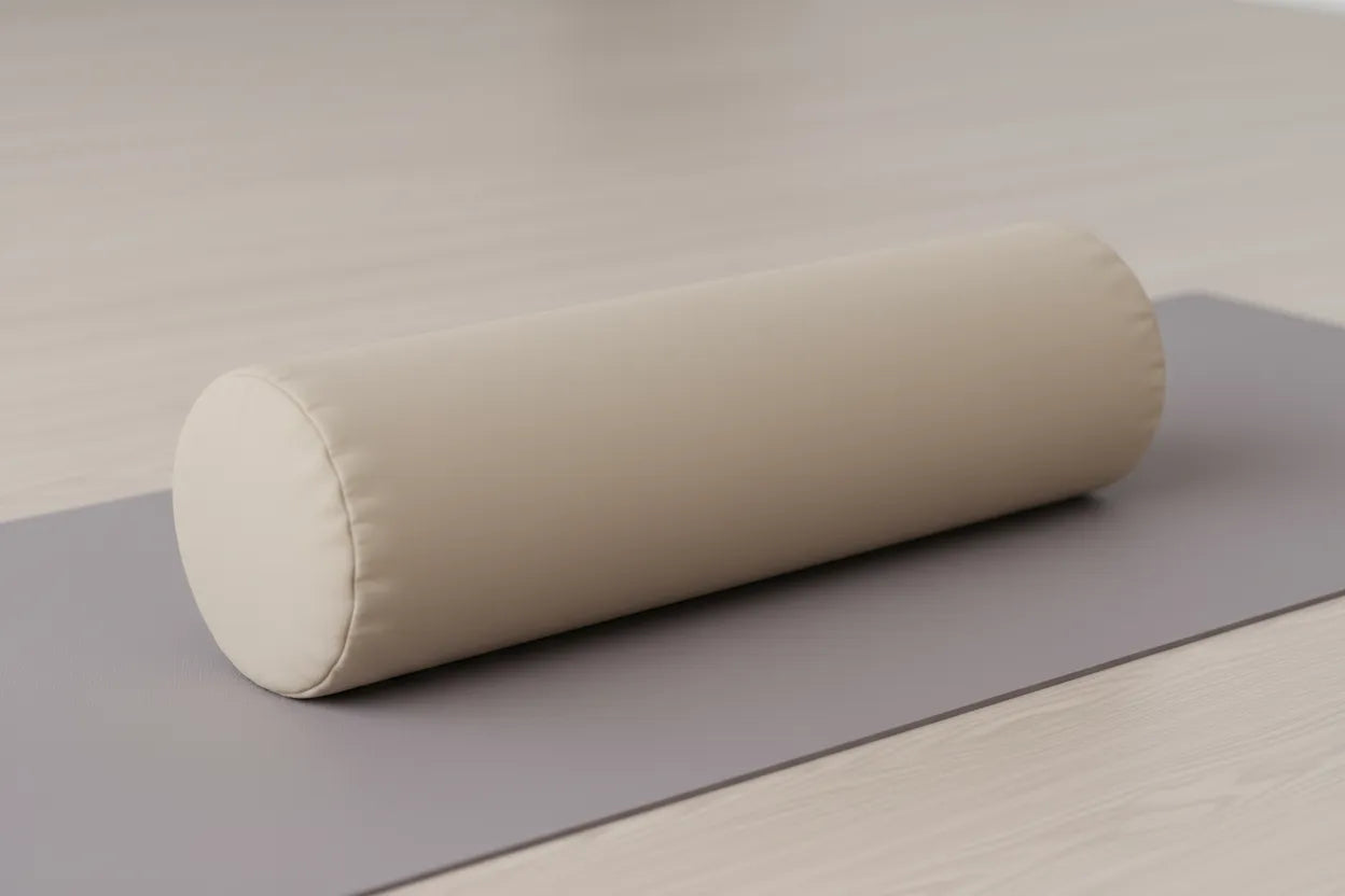beige standard bolster without any logo on a yoga mat