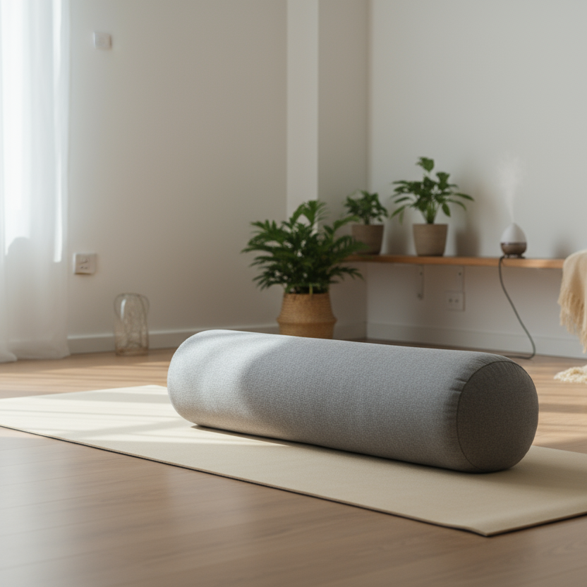 grey bolster on a yoga mat