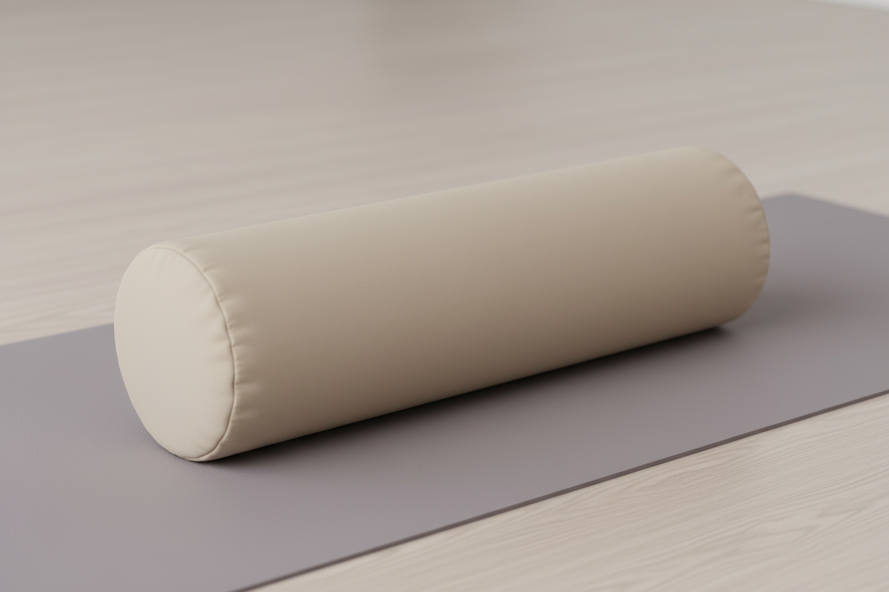 beige standard bolster without any logo on a yoga mat 