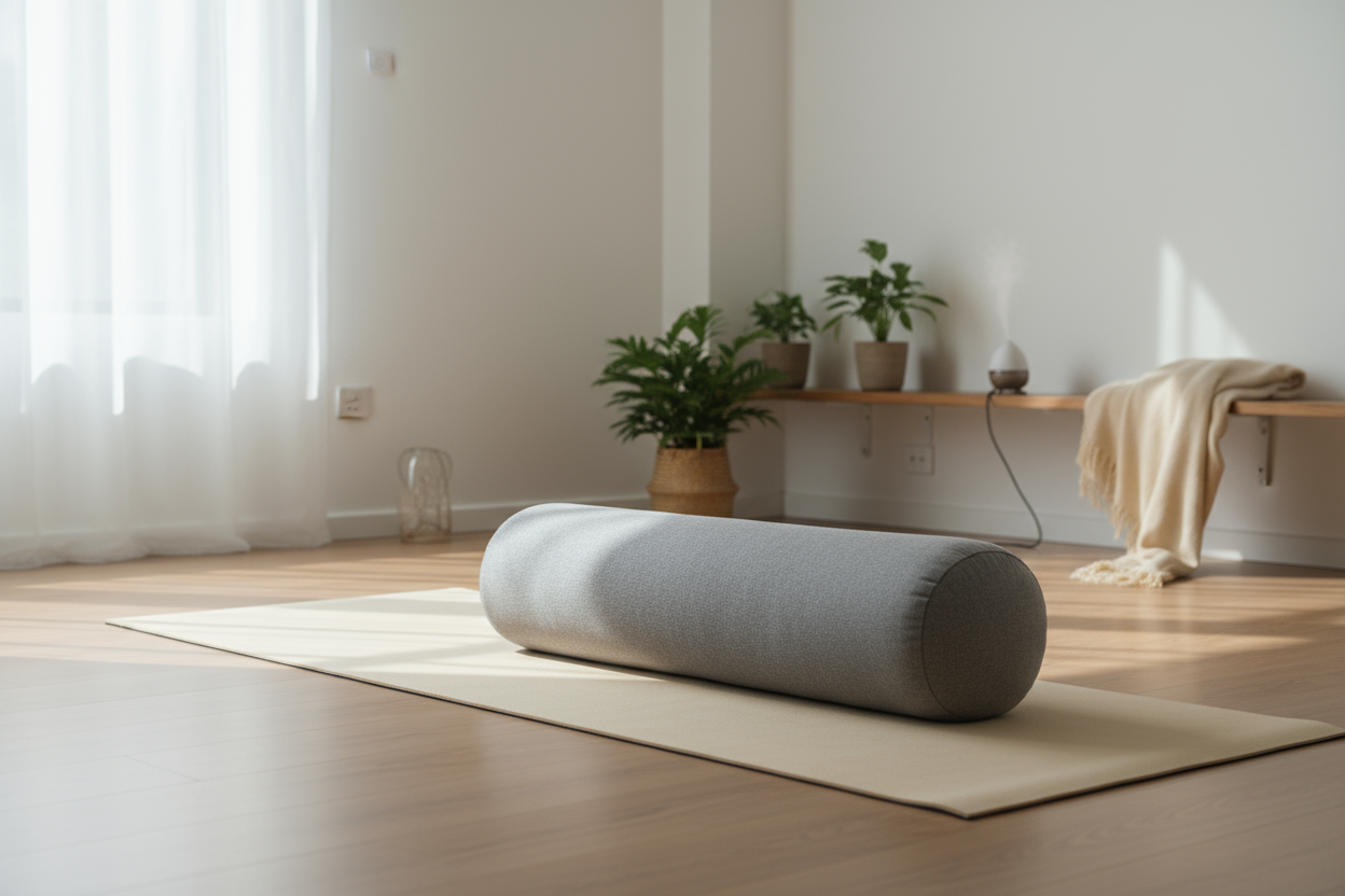 grey bolster on a yoga mat 